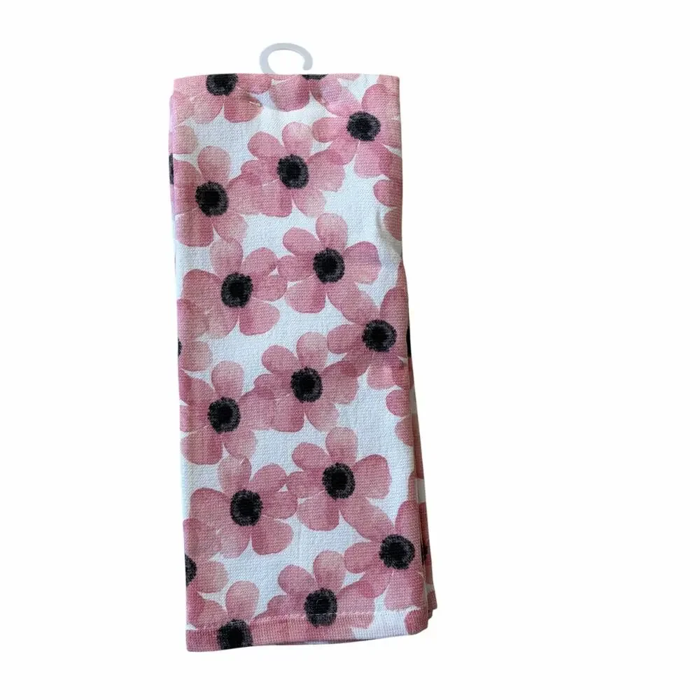 Badgley Mischka Pink Daisy Kitchen Towels 2pc 100% Cotton Designer Decor NEW